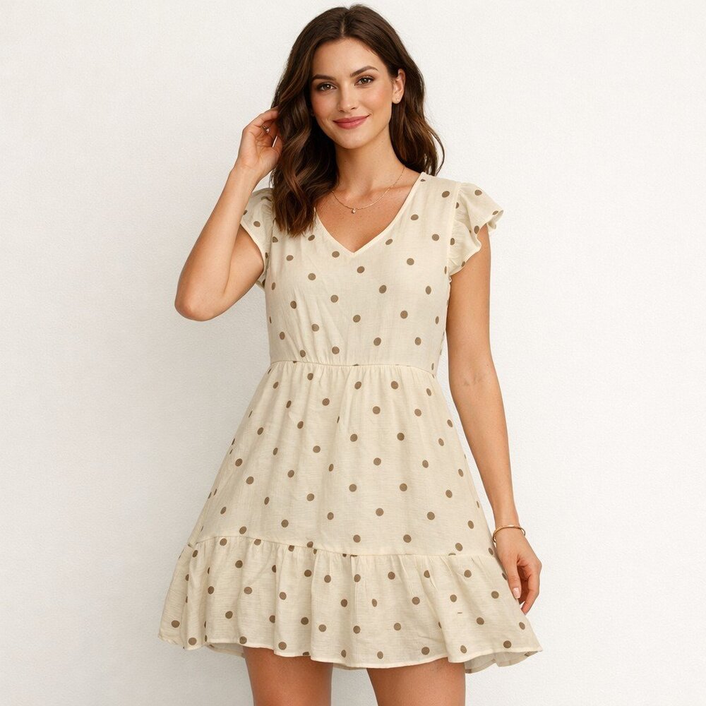 Mine White W/ Brown Polka Dots Knee Length Dress Size Small - Picture 1 of 9